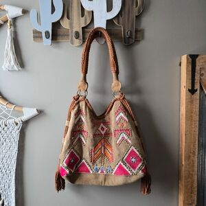 Free People Crystal Falls Embroidered Suede Tote Bag